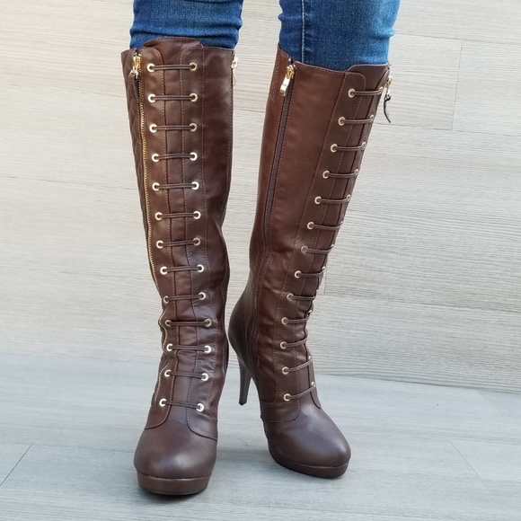 Knee High Heel Boots Brown Vegan Leather and fur - Picture 6 of 8